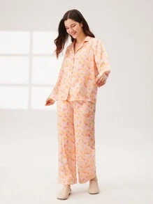 LUVLETTE Conjunto de pijama de satén sedoso con estampado floral, blusa con botones y pantalones con bolsillos, conjunto de lencería para mujer