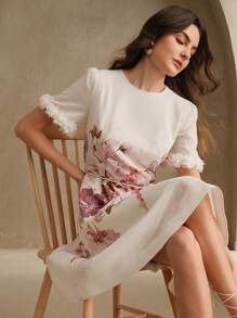 Anewsta Women's Floral Placement Print & Lace Patchwork Tie Waist Elegant Short Dress - White - View 4