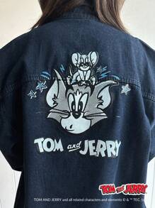 TOM AND JERRY X DAZY 女士休闲牛仔夹克，简约时尚，适合日常穿着 - 中等水洗藍 - 查看 7