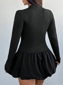 SHEIN Unity Plus Size Women Long Sleeve Floral Bubble Dress With Turtleneck - Black - View 2