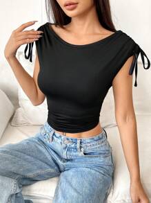 SHEIN Unity Women Solid Color Lace-Up Close-Fitting Minimalist Casual Top, Everyday Wear, Black, For Going Out - Black - View 4