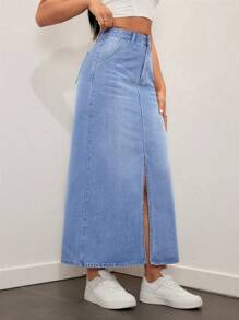 SHEIN EZwear 女式简约前扣口袋休闲牛仔裙 - 淺色水洗藍 - 查看 6