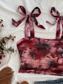 Soleia Vacation Women's Retro Floral Print Gathered Shoulder Tie Bowknot Cropped Tank Top,Valentine's Day,Summer For Women,Beach For Woman,Mardi Gras,Western Wear Woman,Birthday For Women,Crop Top Woman