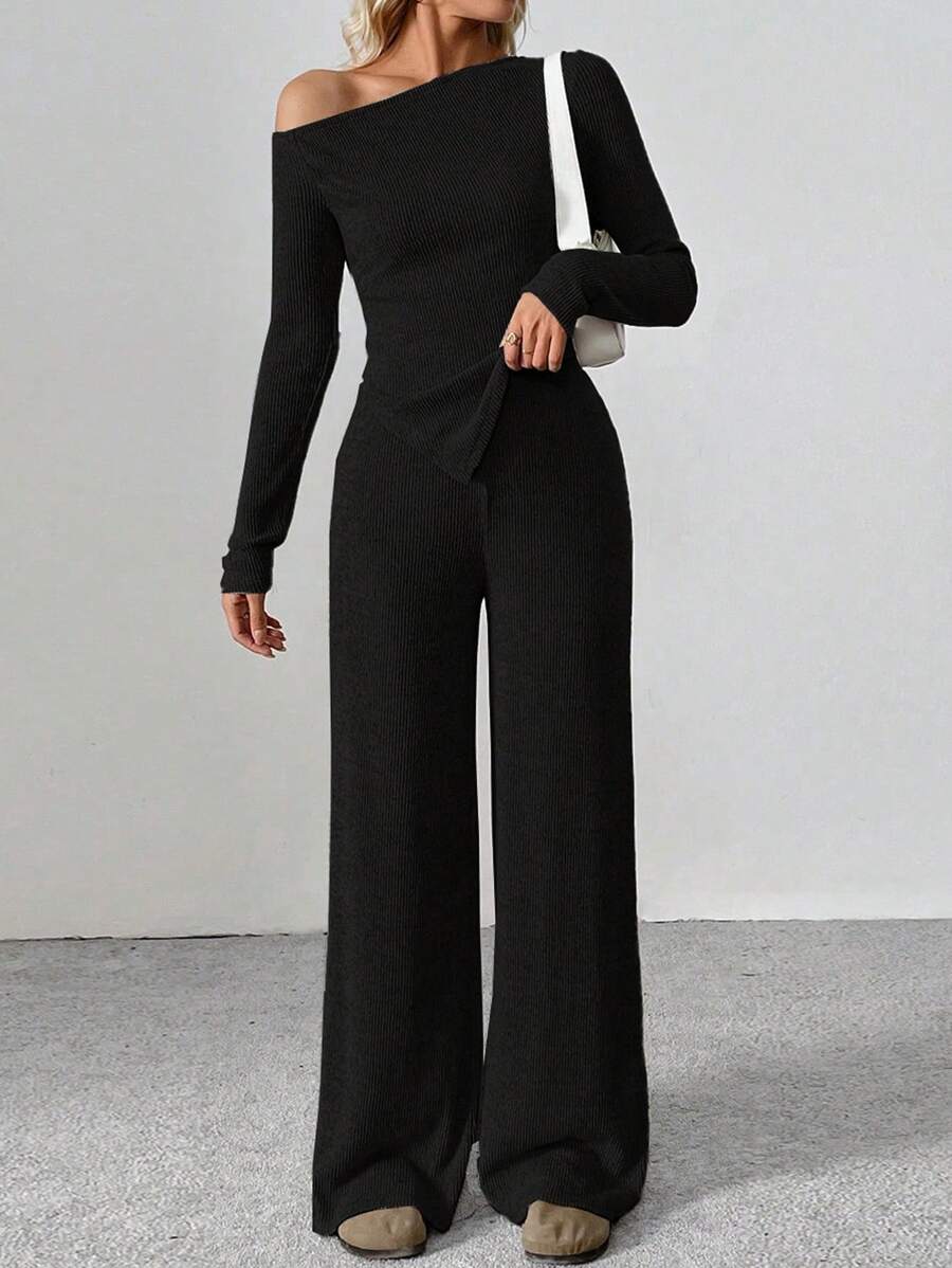 Flirla Tall 2pcs Women Winter Casual Asymmetrical Asymmetric Neck Fuzzy Tee + Wide Leg Lounge Pants Set Fall Cloth For Women - Black - View 1