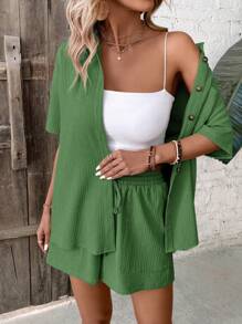 SHEIN Clasi 2pcs Women Leisure Solid Color Short Sleeve Shirt & Shorts Set - Green - View 6