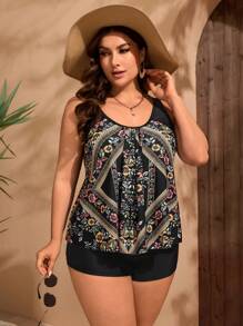 Swim Lushoire 2pcs Plus Size Women Black Floral Print Tank Top And Shorts Tankini Set, Casual Resort Wear, For Summer Beach Vacation - Black - View 5