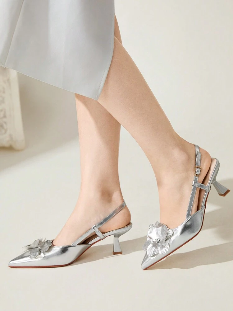 CUCCOO CHICEST Women's 3D Floral Pointed Toe Stiletto Heel Mid Heel Classy Romantic Elegant Classic Gold Faux Leather Ladies High Heels For Dates & Formal Events Summer Shoes Summer Break Easter Prom Heels For Christmas Elegant Shoes Wedding Shoes Summer Shoes Bride Shoes