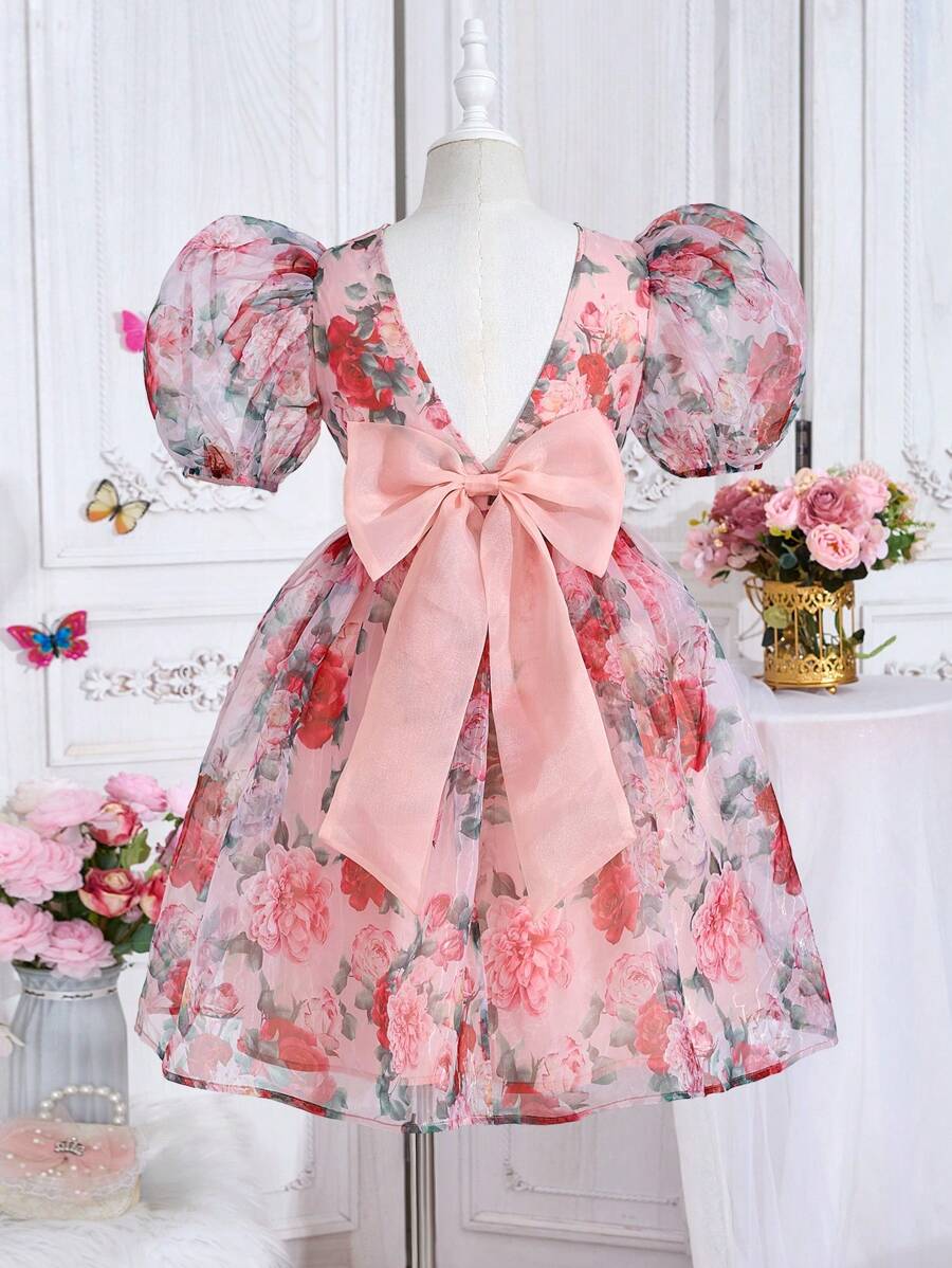 Pitira Pitira Tween Girl Ditsy Floral Puff Sleeve Body-Con Dress - Pink - View 1