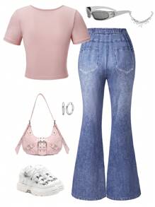 SHEIN 2pcs Set Teens Girls Casual Lovely Lace Trim Striped Short Sleeve T-Shirt And Heart Print Flared Pants Outfit, Suitable For Leisure Outdoor - Multicolor - View 2