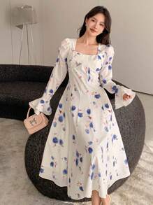 DAZY Mid-Length Ditsy Floral Vacation Dress With Puff Sleeves For Women, Spring/Fall,Ruffle Long Sleeve Dress Easter - Blue - View 6