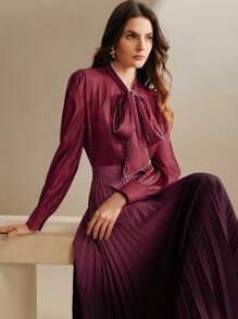 Anewsta Áo sơ mi dài tay rộng rãi thắt nút ngọc trai màu mơ cho nữ - Đỏ - Xem 6