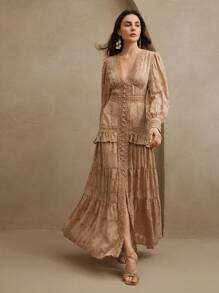 Anewsta 法式褶皱 V 领泡泡袖优雅修身连衣裙长款女装 - 卡其色 - 查看 7