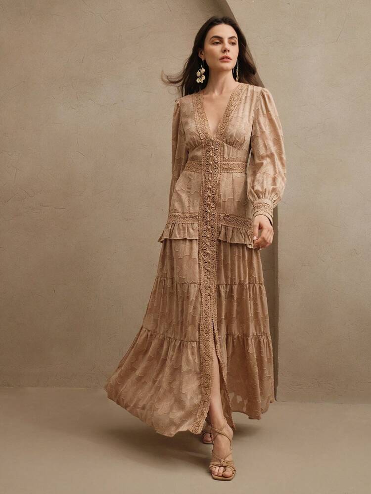 French Style Ruched V-Neck Puff Sleeve Elegant Slim Fit Dress Maxi Women Outfit
