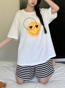 DAZY 2件套女士笑脸条纹宽松短裤和短袖睡衣套装睡衣 - 白色 - 查看 6