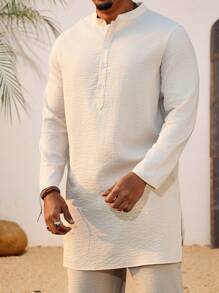 Manfinity RSRT Plus Size Men's Casual Solid Color Long Sleeve Shirt - Apricot - View 5