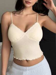 DAZY Floral Ruffle Trim Camisole Top With Built-In Padded Bra - Beige - View 6