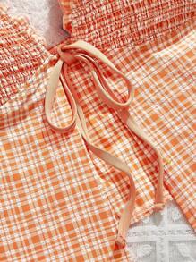 SHEIN MOD 2 件套橙色格子前系蝴蝶结三角分体泳衣，适合夏季海滩度假 - 橘色 - 查看 5