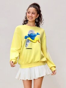 SHEIN X The Smurfs Felpa da donna casual con grafica a fumetti, scollo tondo e spalle scoperte - Giallo - Visualizzare 5