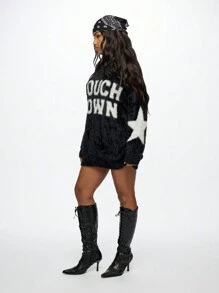 SUMWON WOMEN Sudadera de punto de invierno cálida y holgada, de estilo urbano casual, con manga larga, estampado de texto y fleece. Incluye pañuelo bandana - Negro - Ver 7