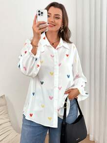 CosyJoli Chemise d'amour pour femmes grandes tailles, Top mignon, Top imprimé amour, chemise blanche décontractée, Top pour rendez-vous, hauts pour les vacations de la Saint-Valentin, hauts décontractés pour femmes, hauts mignons pour sortir, hauts décontractés pour femmes