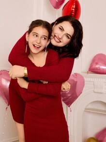 SHEIN Tween Girls French Collar Knitted Ribbed Dress,Burgundy Red Autumn Elegant Wedding Guest Long Sleeve Snug Fit Mini Dresses,Matching Family Style - Burgundy - View 8