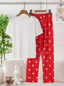 Conjunto de ropa de dormir para niñas con diseño lindo de conejo de dibujos animados y lunares