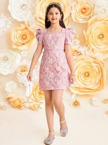 SHEIN Vestido de fiesta elegante para niña preadolescente, manga gigot, ajustado, cuello cuadrado, vestido de satén con tejido jacquard floral, color rosa, adecuado para fiesta de San Valentín - Rosa - Ver 3