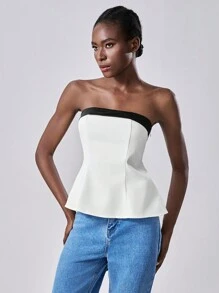 Chiquease Women Contrast Color Patchwork Bandeau Backless Bow Decor Crop Top - White - View 2
