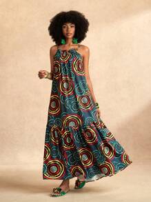 Slaydiva Beach New Spring And Summer Holiday Suspender Neck Pleated Sleeveless A-Hem Cake Skirt Pattern Dark Green Red Ring Pattern Printed Women's Maxi Dress