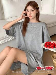 TOM AND JERRY X DAZY 休闲字母印花装饰卡通图案短袖和短裤两件套家居服套装睡衣 - 深灰色 - 查看 3