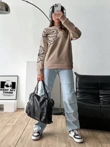 EURMUSE 100% Cotton FLOWER EMBROIDERY BLACK STITCHED WHITE SWEATSHIRT - Beige - View 5