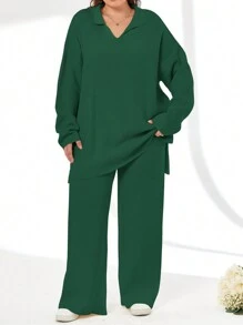 EURMUSE 2pcs/Set Solid Color Turn-Down Collar Sweater And Long Pants Outfit - Dark Green - View 5