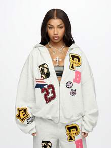 SUMWON WOMEN Varsity Style Full-Zip Hoodie With Patches Applique Badge Design Streetwear Athletic Number 23 Bomber Jacket Style Sweatshirt With Chain Necklace Y2K Fashion Autumn Winter Casual Graduation,Back To School Outfits,Graduation,Teacher Outfits For Women,Back To School