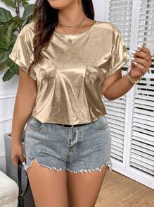 Calvaya 大码时尚金属蝙蝠袖 T 恤，夏季金色上衣 - 金色 - 查看 4