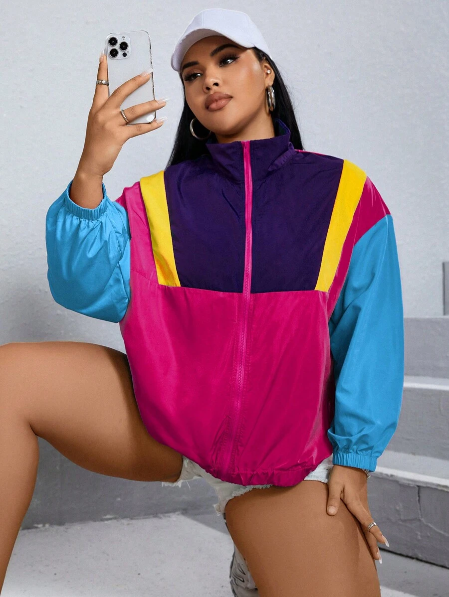 SHEIN EZwear 大尺碼純色前拉鍊拼接休閒夾克，簡約設計，適合冬季秋季登山 - 彩色 - 查看 1