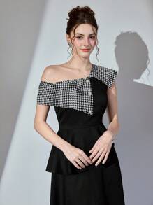 Modelyn 女式长款千鸟格不对称领腰部 A 字韩版连衣裙 - 黑色 - 查看 3