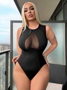 SHEIN SXY 大码女式性感街头紧身透明网眼拼布不透明黑色紧身衣 - 黑色 - 查看 3