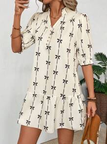 SHEIN LUNE 女士蝴蝶结印花 V 领短袖休闲连衣裙