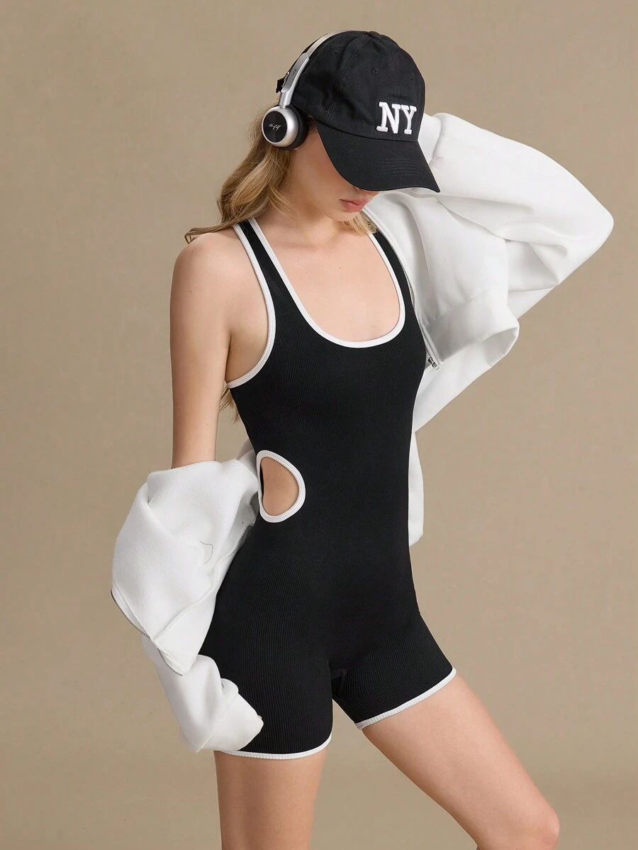 女士无袖撞色镶边镂空修身连体裤 - 黑色 - 查看 1