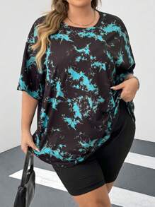 SHEIN CURVE+ Camiseta de manga corta con hombros caídos y teñido anudado de talla grande (teñido anudado aleatorio)