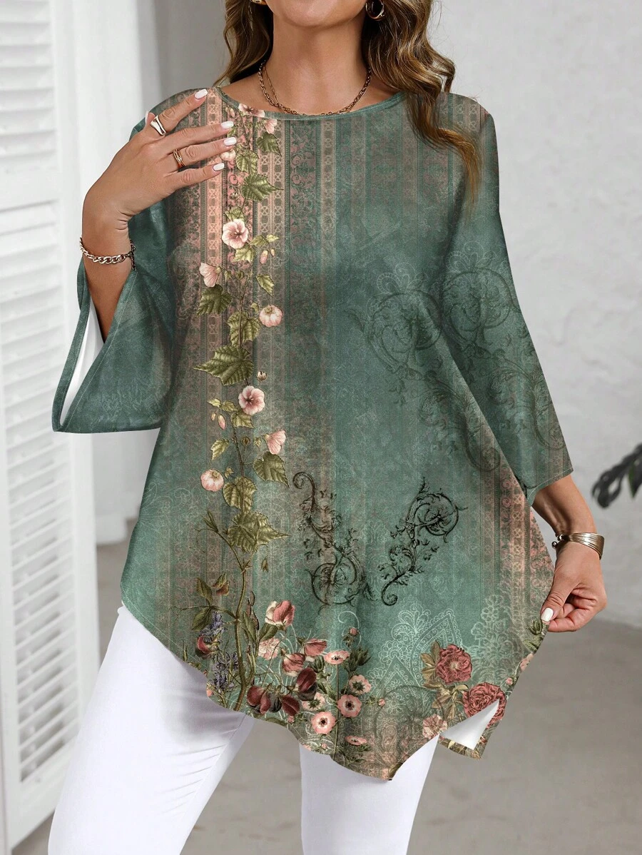 EMERY ROSE Camisa con estampado total minimalista informal de talla grande, para primavera y otoño - Multicolor - Ver 1