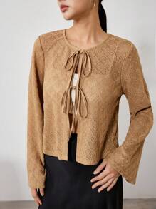 EastFlair 女士前系带休闲衬衫，简约时尚日常穿着，春夏 - 卡其色 - 查看 4