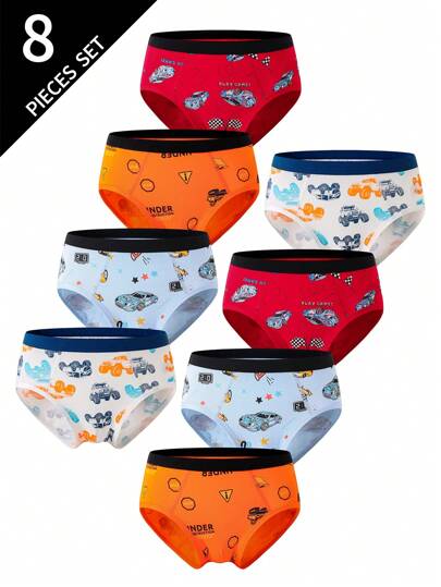 8pcs/Set Young Boy Colorful Racing Excavator Printed Comfortable Cotton Briefs