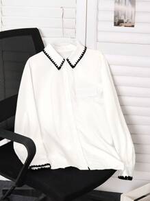 SHEIN LUNE Plus Size Women Floral Trim Single-Breasted Casual Long Sleeve Shirt
