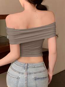 DAZY Camiseta ajustada de unicolor con hombros descubiertos para salir - Gris - Ver 4