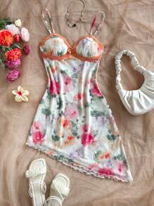 Soleia Vestido de verano con estampado floral romántico, encaje de contraste, dobladillo asimétrico, tirantes de espagueti para vacaciones, playa, primavera, Día de San Valentín, cumpleaños