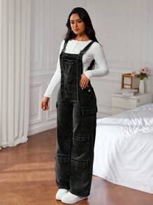 SHEIN ICON 女士牛仔背带裤和连体裤，简约时尚休闲日常穿着 - 黑色 - 查看 6