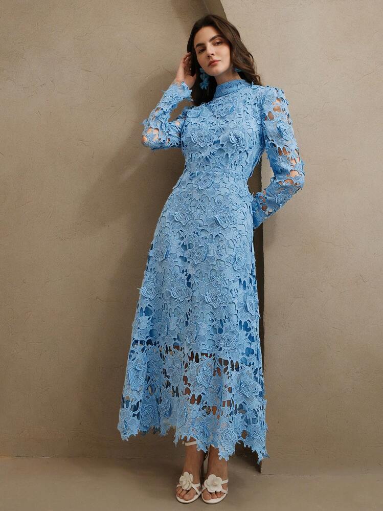 shein lace dress SHEIN Lady Ladies' Solid Color Elegant Lace Dress