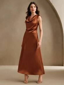 Anewsta 优雅深棕色缎面裹身裙，无袖收腰喇叭形长裙，女士夏季服装，Old Money