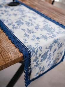 French Luxurious Vintage Printed Table Runner, Navy Blue Lace Edge Rectangle Tablecloth, Multi-Purpose Decorative Cover Cloth For Daily Gathering, Birthday Party, Table Decor,Fall Decor,Autumn Decor,Room Decor - Blue and White - View 3